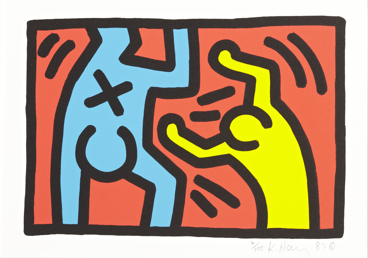 Red, blue, and yellow print by Keith Haring, part of an exhibition at Phoenix Art Museum.