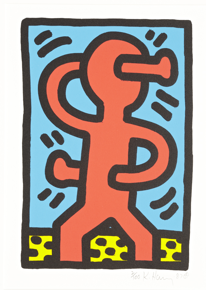 Red, blue, and yellow print by Keith Haring, part of an exhibition at Phoenix Art Museum.