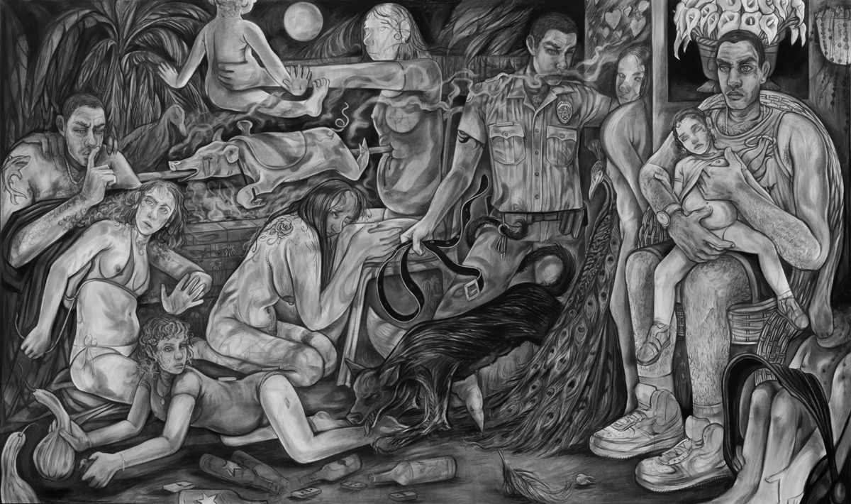 Charcoal drawing showing multiple figures. Curated by Maria Elena Ortiz.