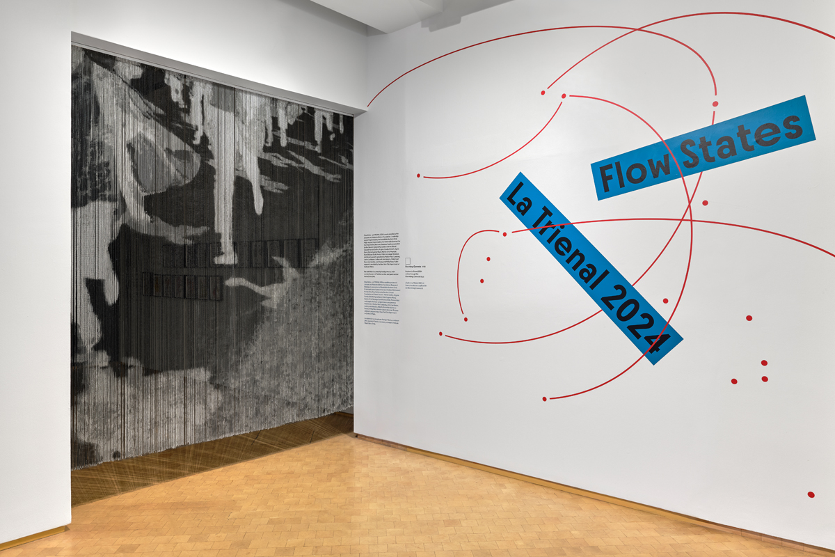 Installation view of a black-and-white suspended artwork. Signage on the wall at right reads 