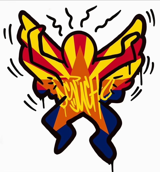 Winged figure in the style of Keith Haring, in a palette of red, orange, yellow, and blue.