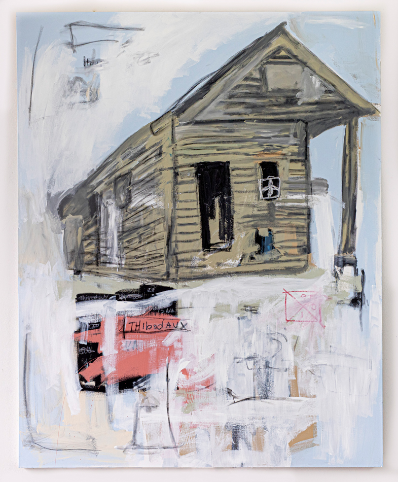 Mixed media painting of a house with a box fan in the window.