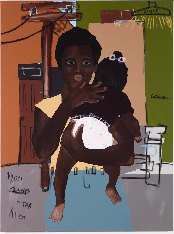 Mixed media painting of a woman holding a child.