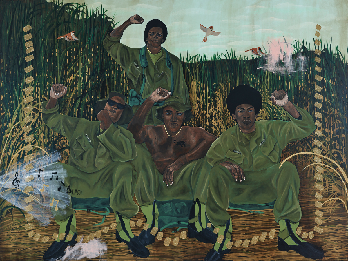 Mixed media painting of four Black men raising their fists.