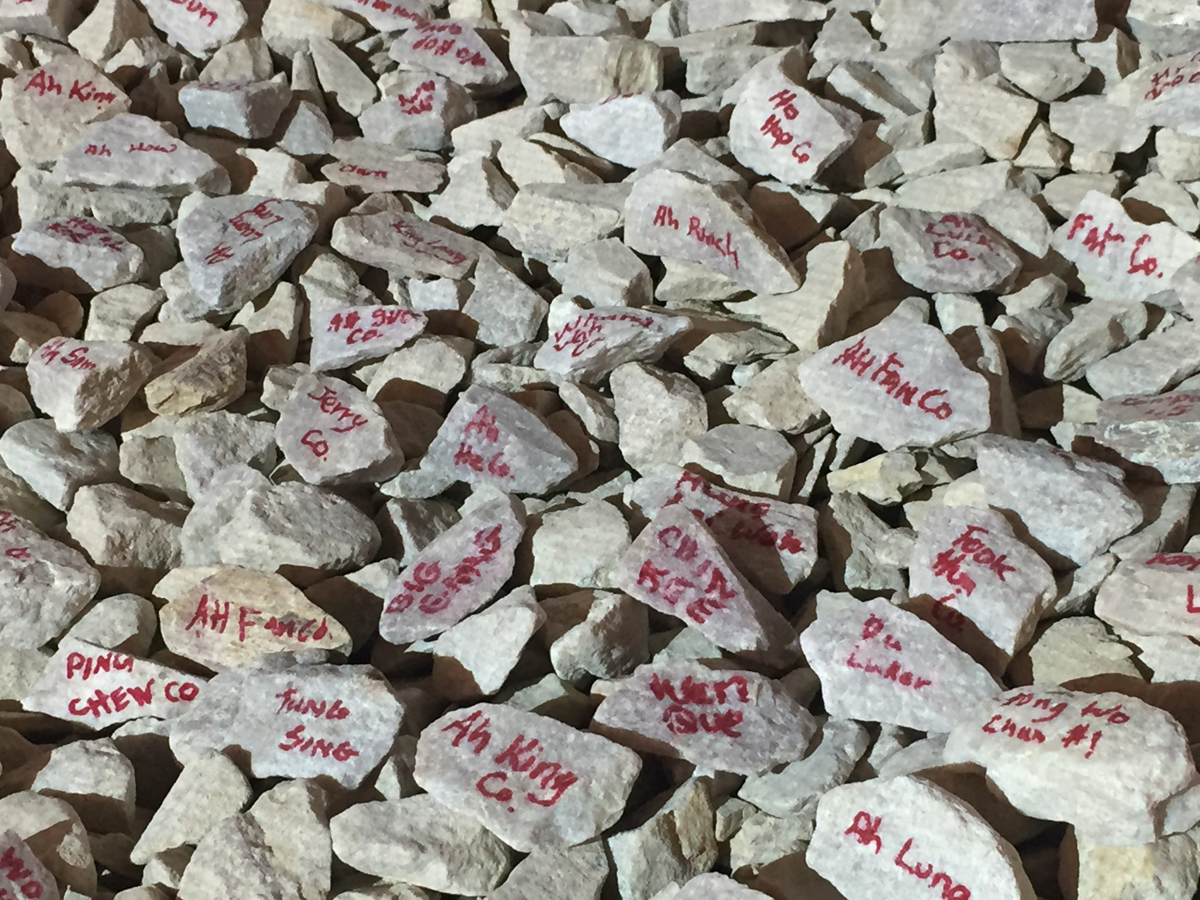 Painted stones bear the names of Chinese laborers who built the U.S. Continental Railroad in a striking art installation by Zhi Lin.