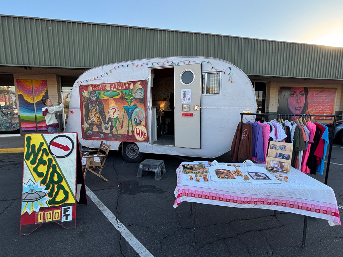 An artist transforms her bullet trailer into a pop-up shop outside a colorfully decorated strip mall. Alternative arts hub Danelle Plaza in Tempe, Arizona, faces uncertainty amid redevelopment plans.