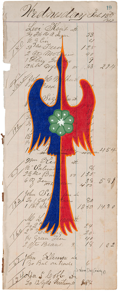 Ledger drawing of a red-and-blue bird with a peyote flower by Jonathan Warm Day Coming.