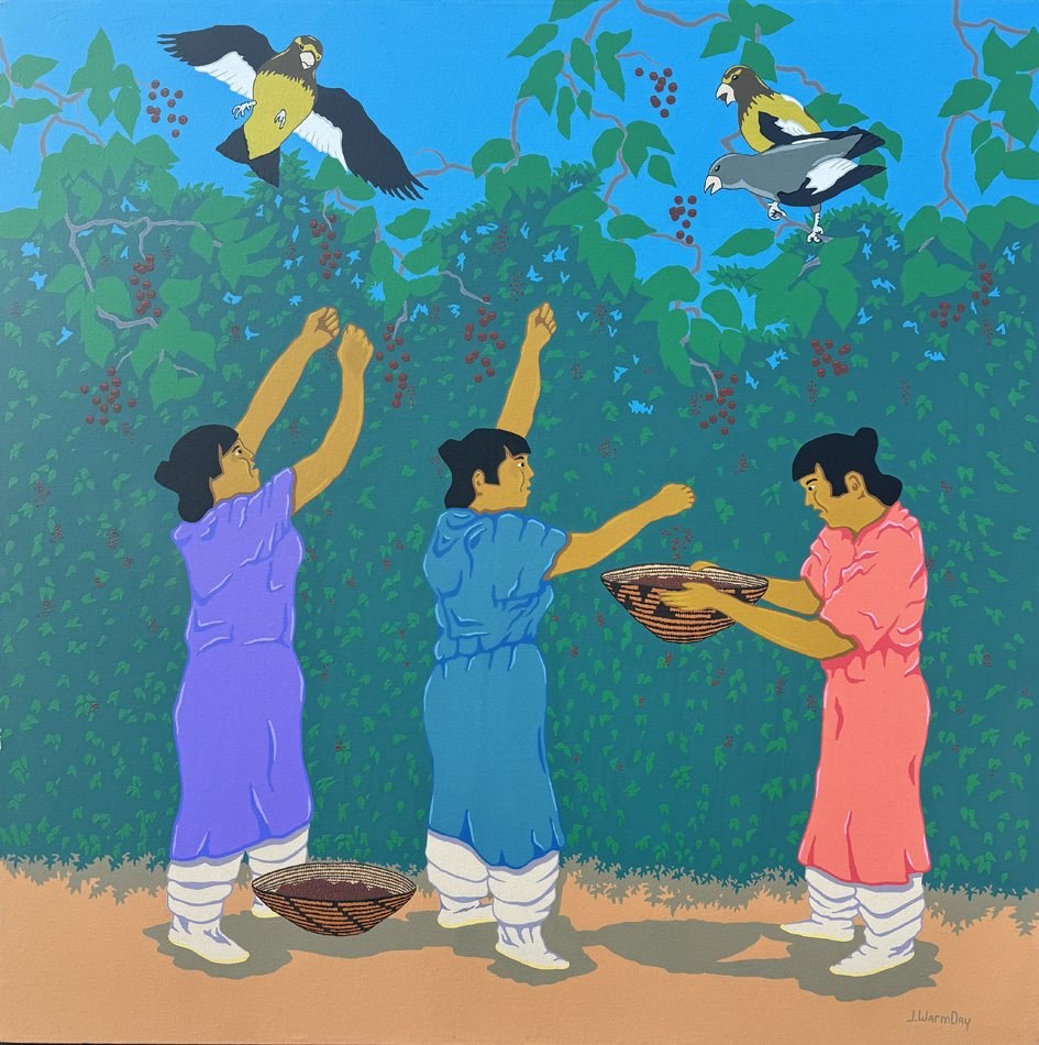 Three Taos Pueblo women gather choke cherries, while birds feast on the fruit above them. Painting by Jonathan Warm Day Coming.