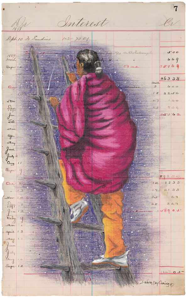 Ledger drawing of a Taos Pueblo woman climbing a ladder into the stars. Art by Jonathan Warm Day Coming.