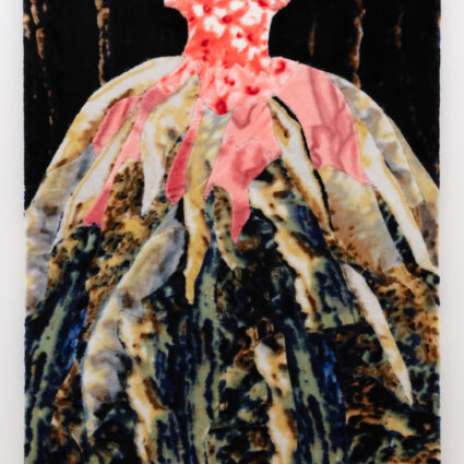 Artwork made with fleece blankets, depicting a dress form.