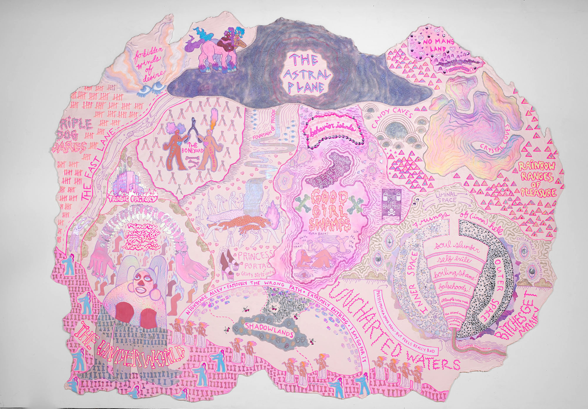 Fanciful treasure map in a pink palette by Amaryllis R. Flowers. From Broken Boxes exhibition.