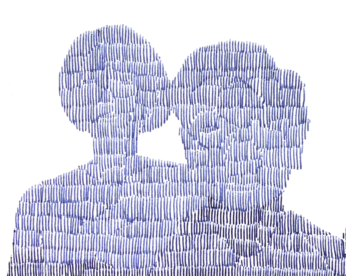 Detail of a meticulous drawing by Edie Tsong, depicting two figures via thousands of tiny marks in blue ink.