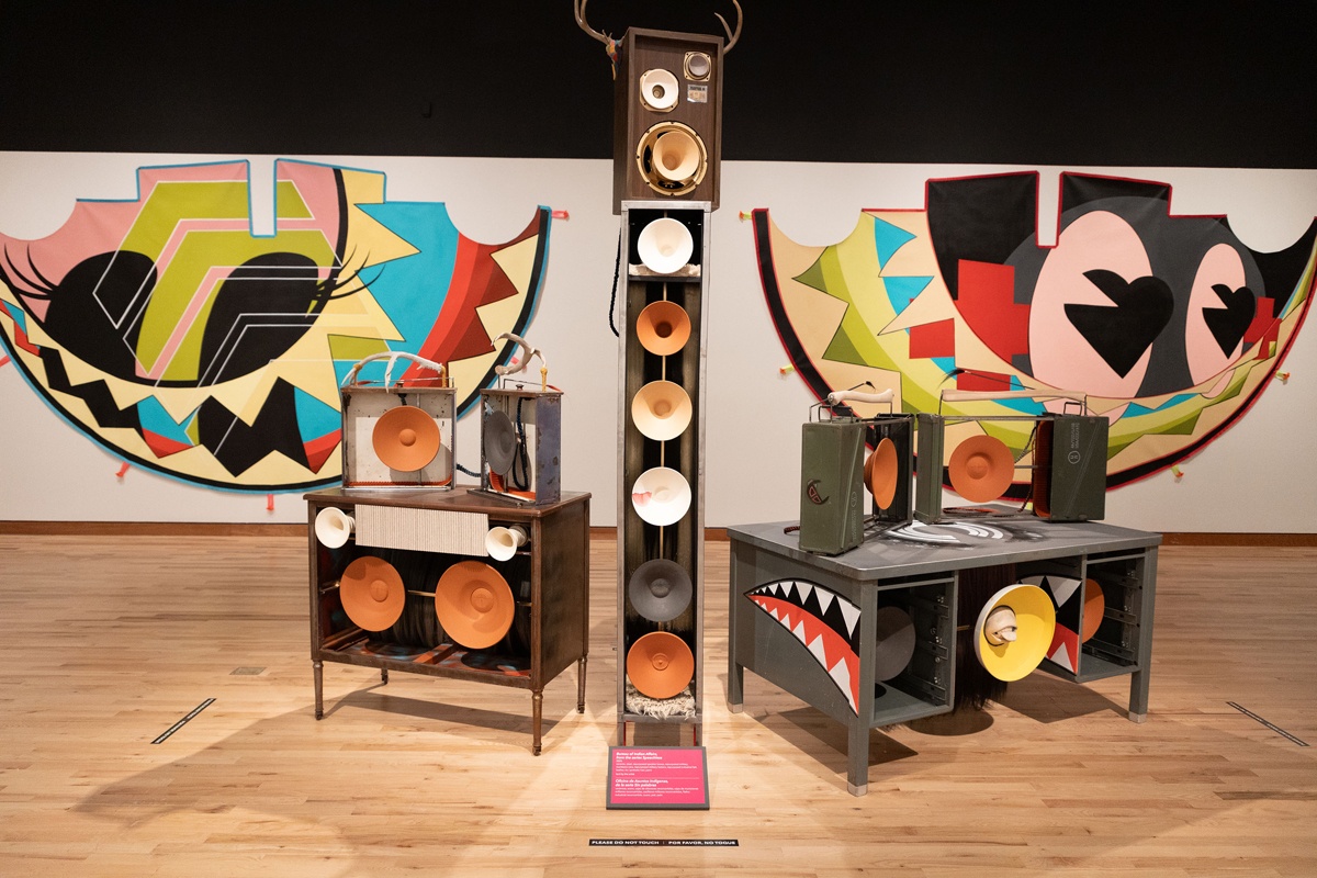 Speaker towers made from ceramic and mixed media elements. Artwork by Cannupa Hanska Luger in the Broken Boxes exhibition.
