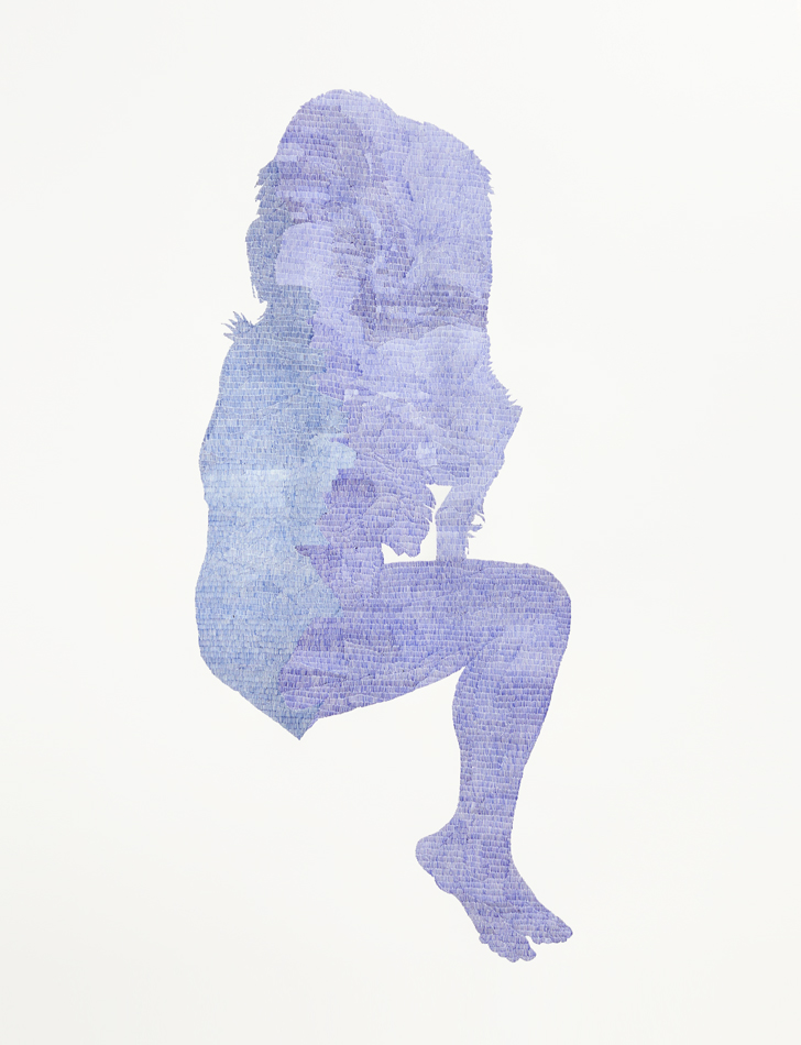 Semiabstract figurative drawing in blue inks showing two merged figures.