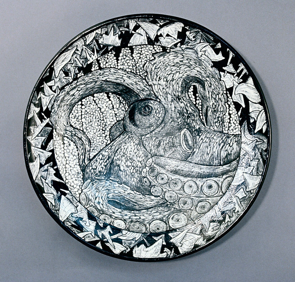 Ceramic plate artwork by Farraday Newsome depicting an octopus.