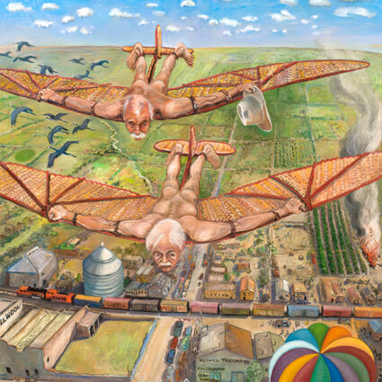 Painting by Jerry West showing two men soaring over Roswell, New Mexico.