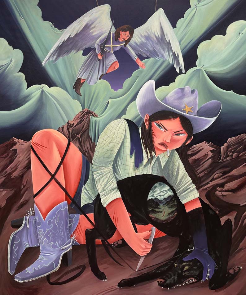 A painting by Grace Kennison depicting a salty, cut-off-shorts-wearing, larger-than-life cowgirl in a surreal rocky landscape.