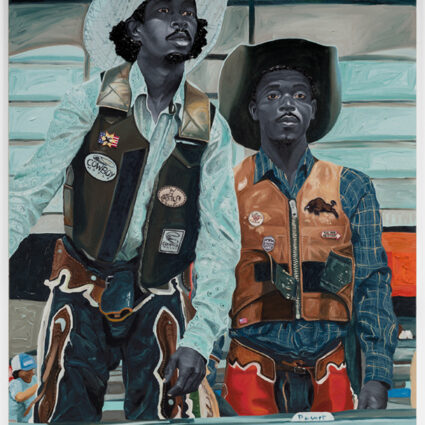 Painting by Otis Kwame Quaicoe of two black cowboys at a rodeo.