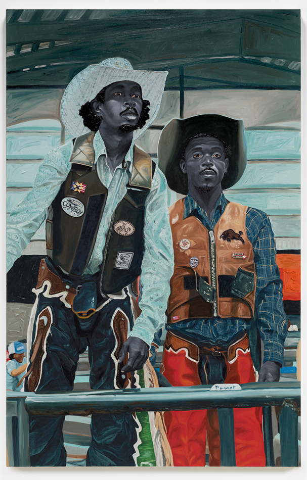 Painting by Otis Kwame Quaicoe of two black cowboys at a rodeo.