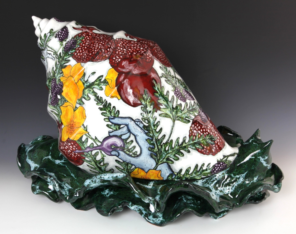 Ceramic artwork by Farraday Newsome depicting a seashell form with intricate glazed patterns.