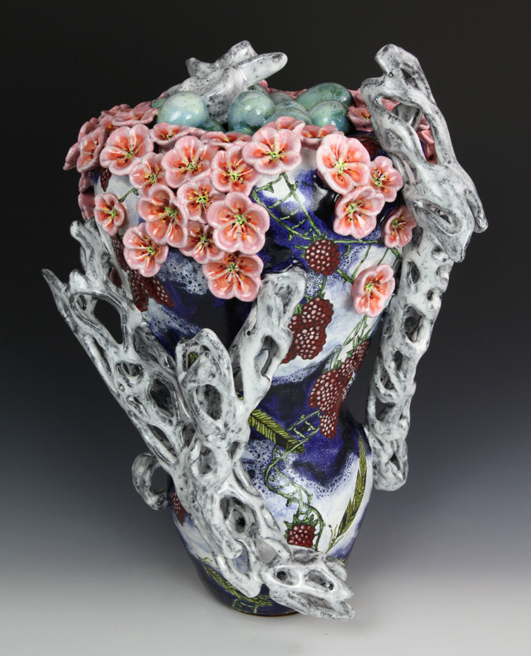 Intricate ceramic artwork by Farraday Newsome depicting cholla cactus forms.