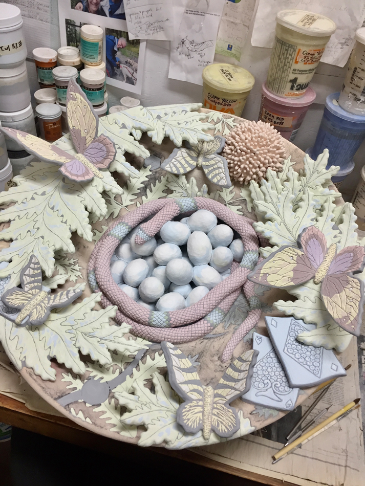 An in-progress ceramic artwork by Farraday Newsome.