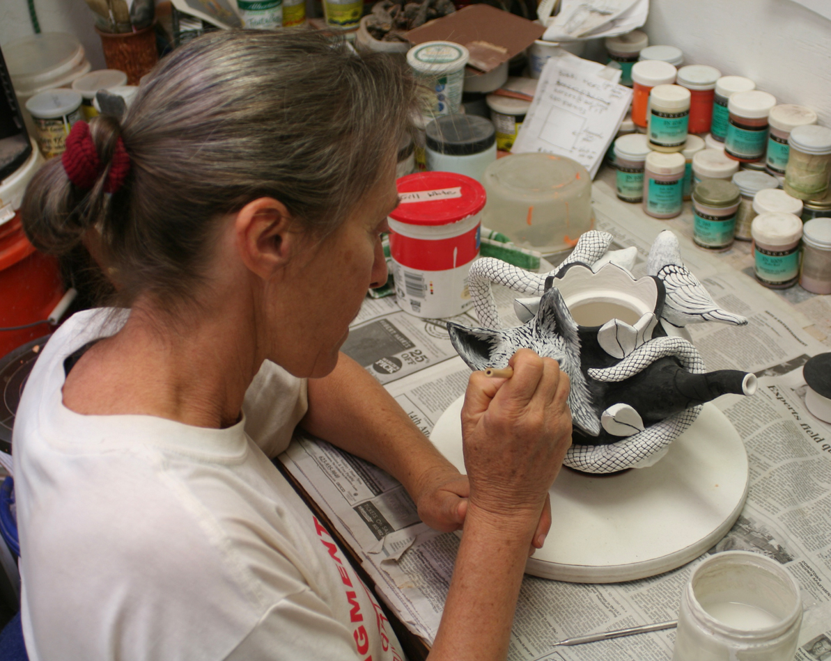 A ceramicist glazes an intricate artwork. Lynn Trimble visits the studio of Farraday Newsome in Mesa, Arizona.
