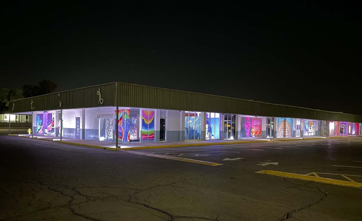 Nighttime view of art installations at Danelle Plaza in Tempe, part of the Danelle Project. 