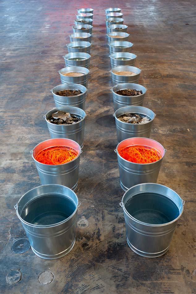 Artwork by Warren Realrider with two rows of twelve steel pails, each pair holding a different material—water, soil, orange rope