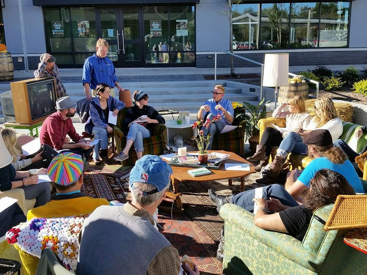 Art enthusiasts lounge in an outdoor living room installation. Matthew Mazzotta is creating a new public art intervention in Salt Lake City this spring.