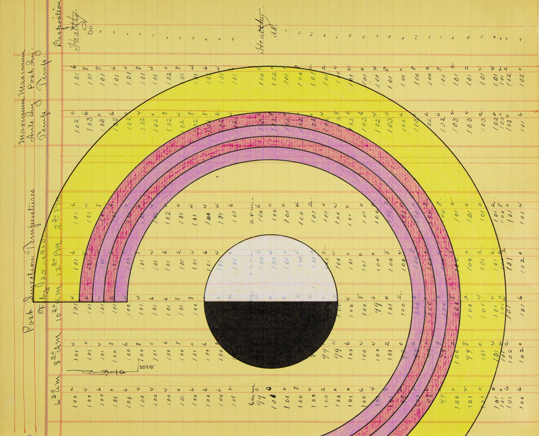 Geometric abstraction in a pink and yellow palette on a piece of historical ledger paper by Terran Last Gun. The Santa Fe-based artist will participate in the SITE Santa Fe International, Once Within a Time.