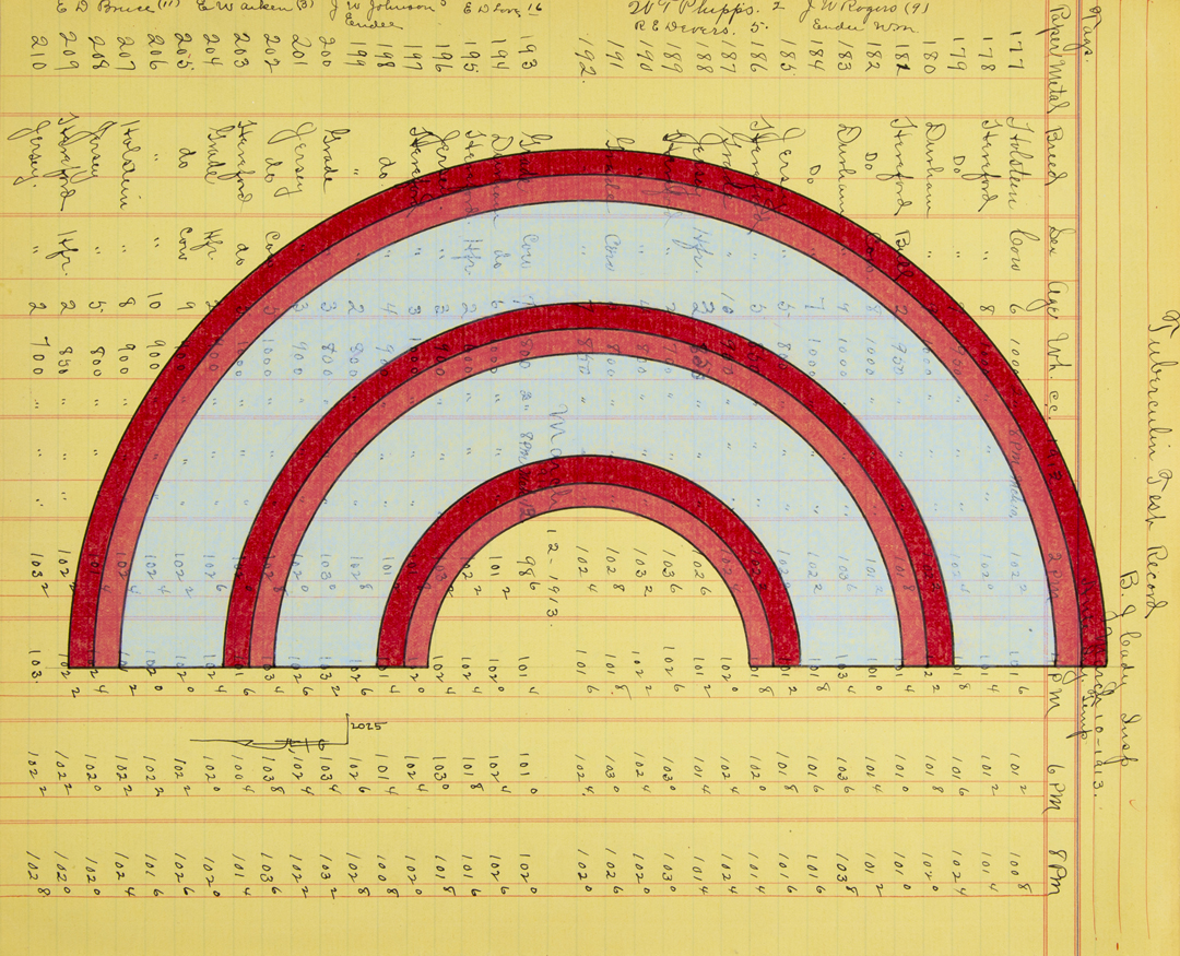 Geometric abstraction in a pink and yellow palette on a piece of historical ledger paper by Terran Last Gun. The Santa Fe-based artist will participate in the SITE Santa Fe International, Once Within a Time.