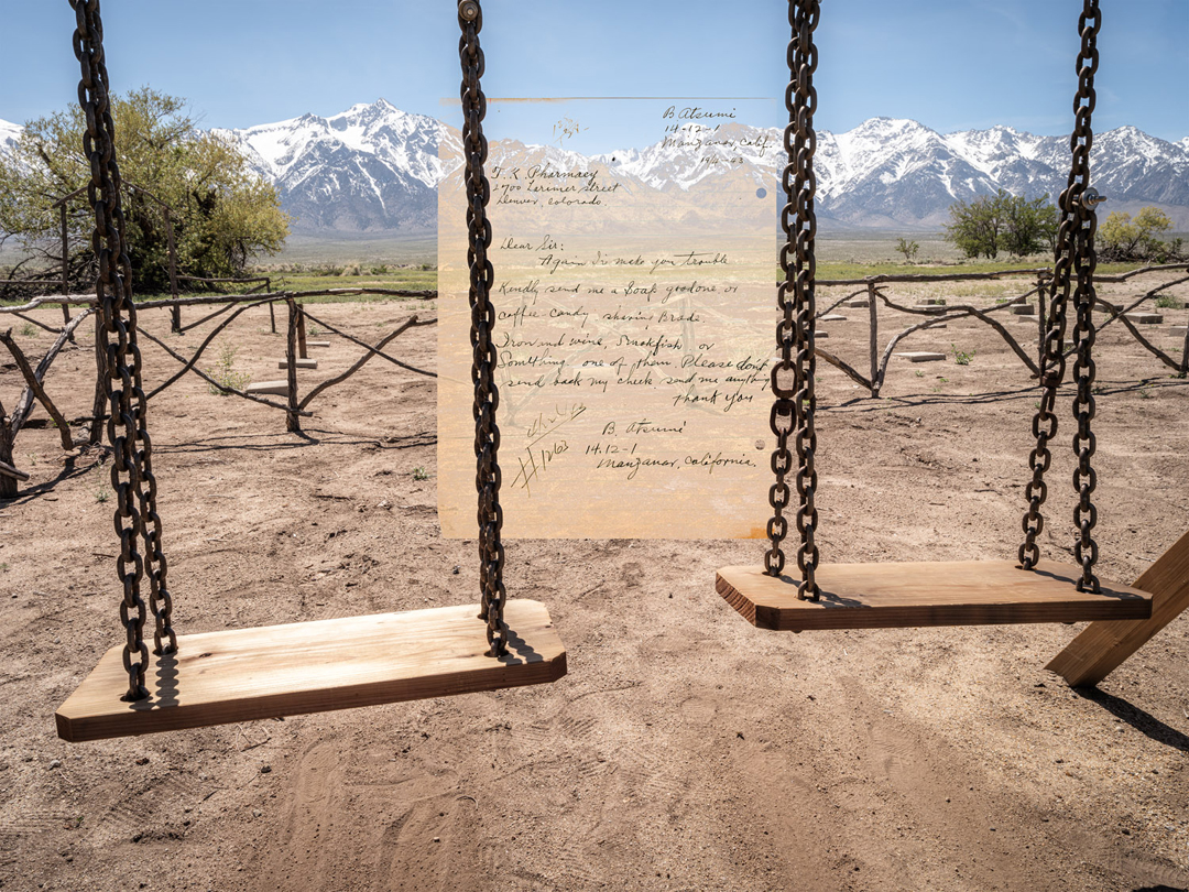 Artwork from Dean Terasaki's Veiled Inscriptions series, photomontages incorporating postcards from Japanese American internment camps.