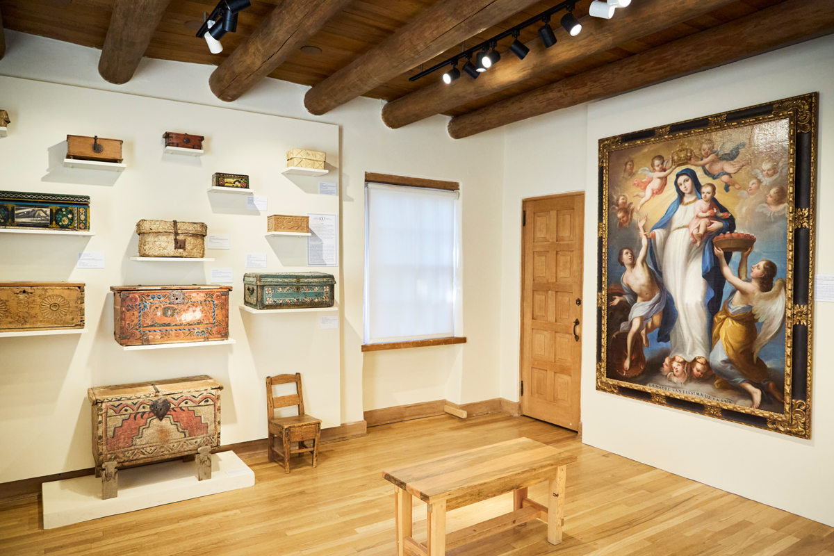 Interior of the Nuevo Mexicano Heritage Arts Museum, headquarters of the Spanish Colonial Arts Society.