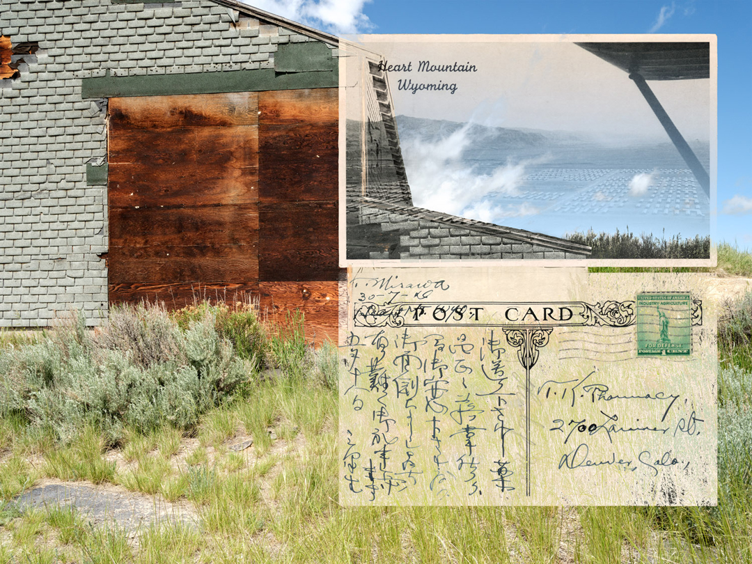 Artwork from Dean Terasaki's Veiled Inscriptions series, photomontages incorporating postcards from Japanese American internment camps.