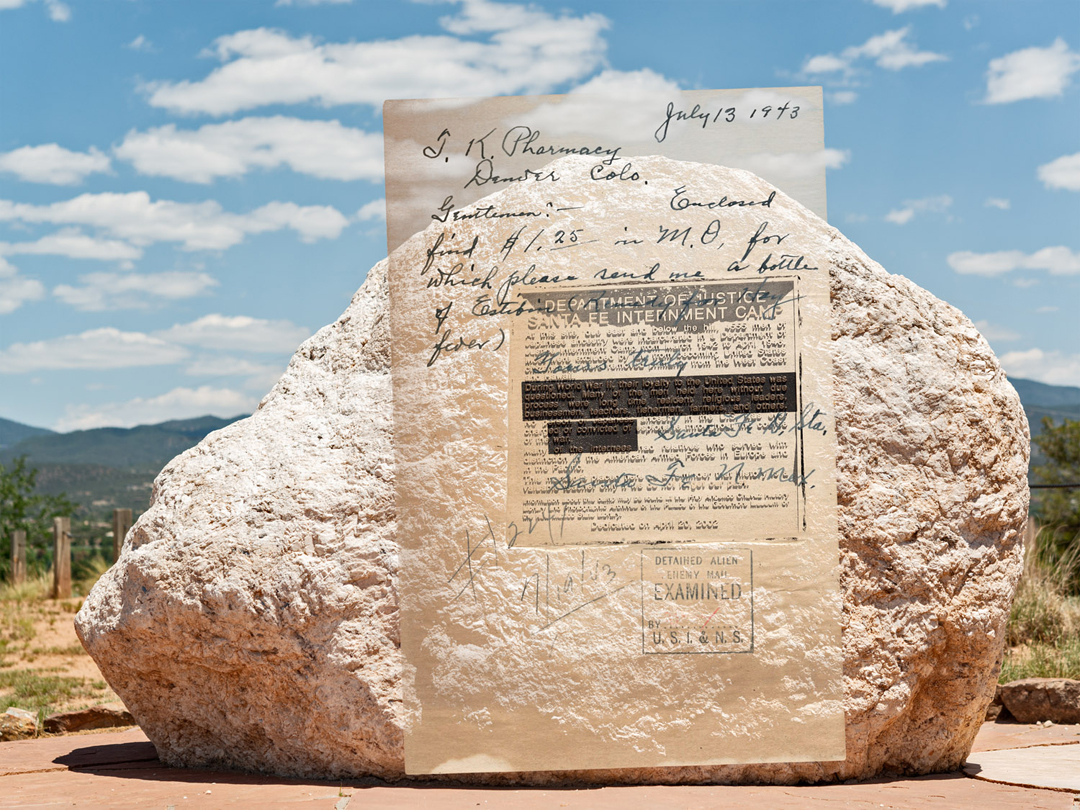 Artwork from Dean Terasaki's Veiled Inscriptions series, photomontages incorporating postcards from Japanese American internment camps.