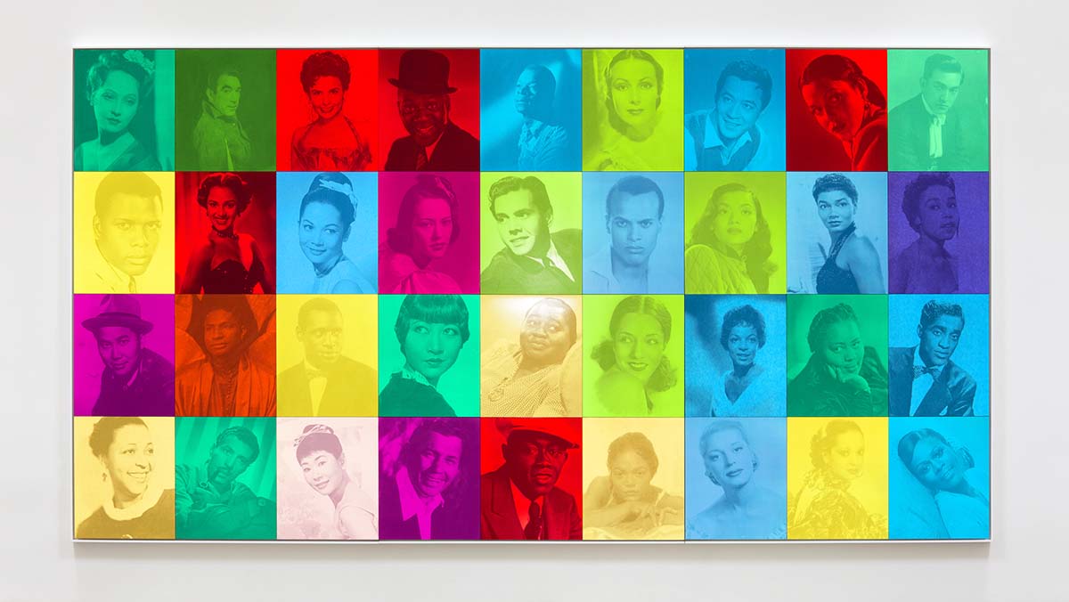 a grid of screen printed portraits of Black leaders, celebrities, and titans in different colored rectangles