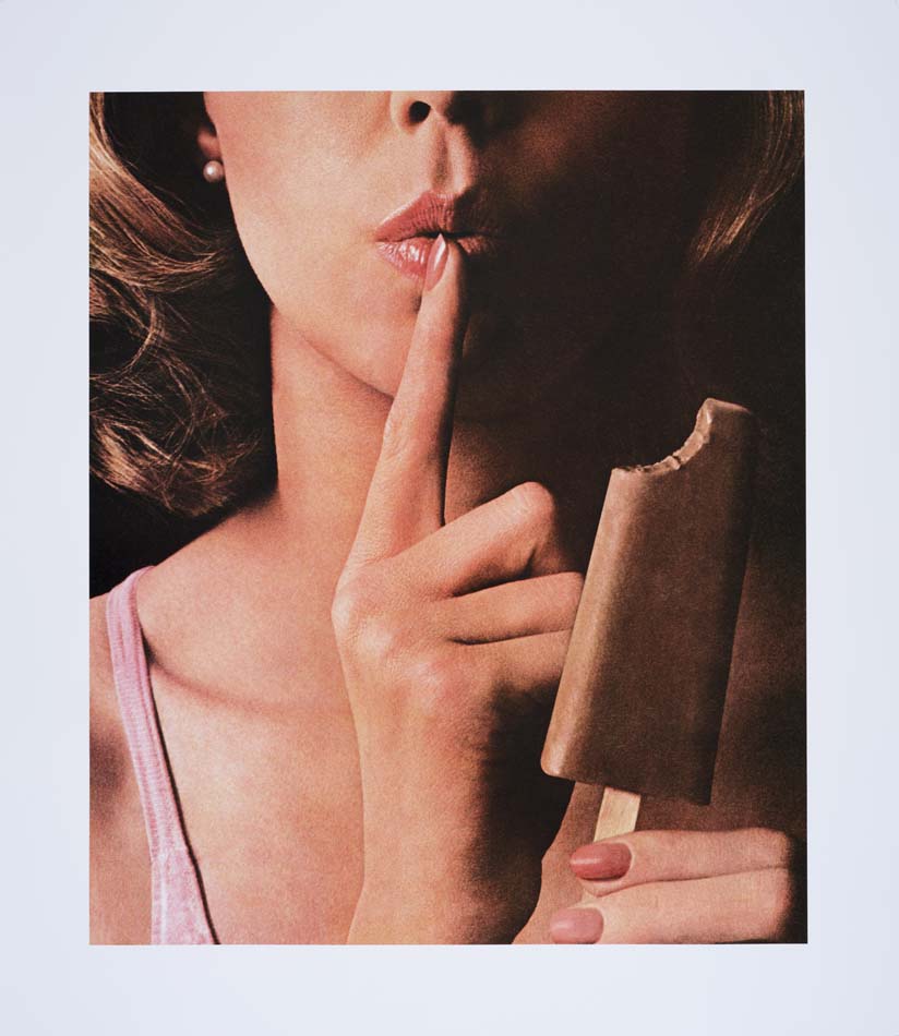 A white woman with a chocolate popsicle, raising her finger to her lips