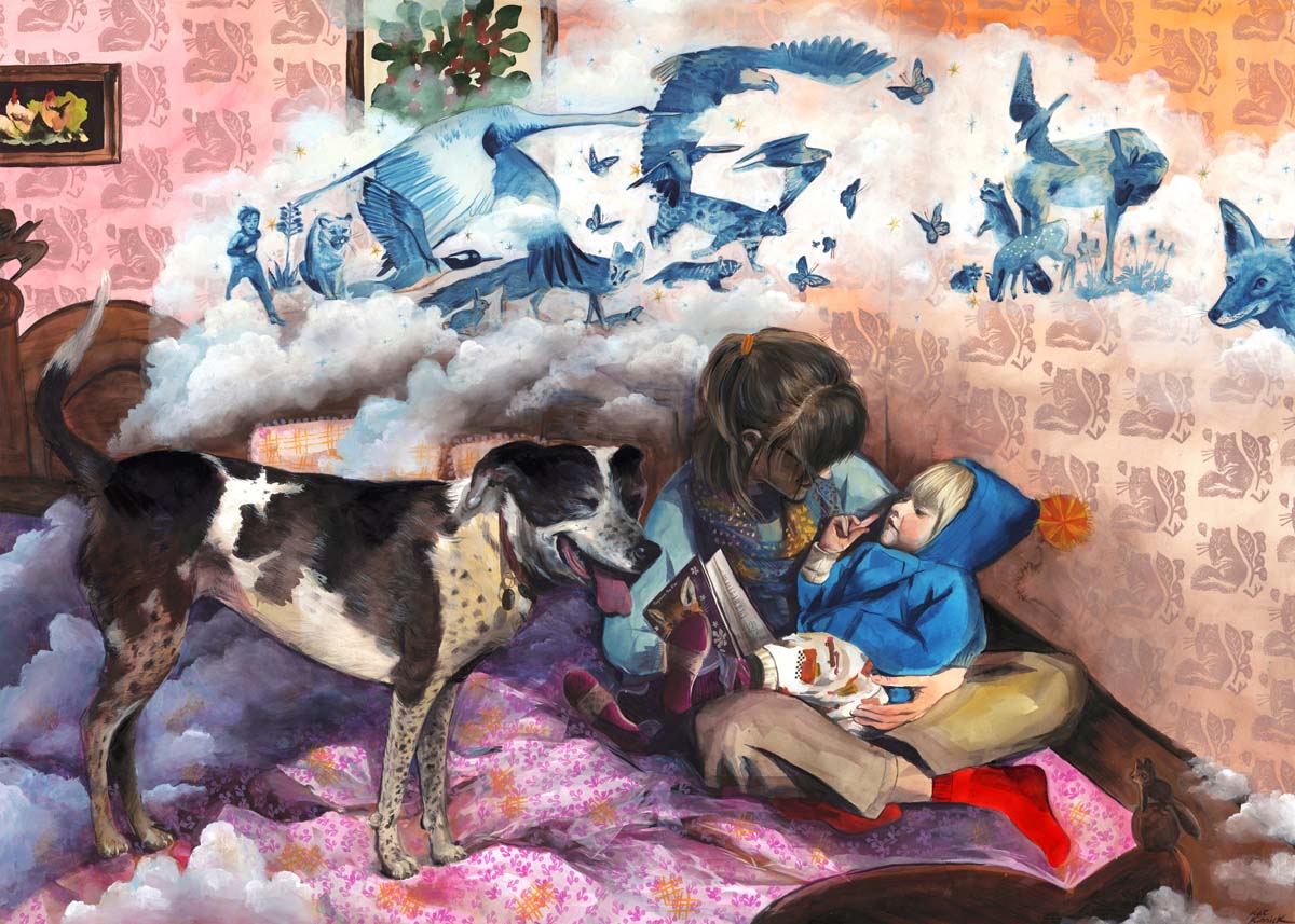 Painting of a parent telling a bedtime story to a child, with a dog on the bed and animals in blue hovering above.