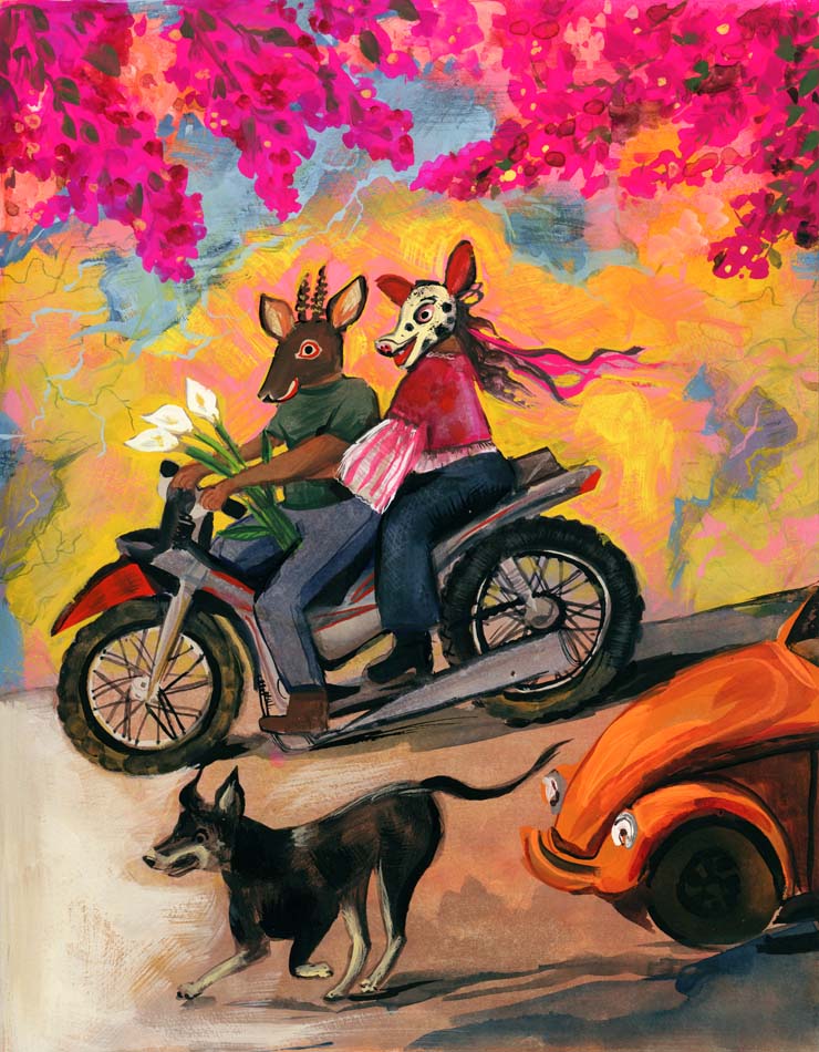 Painting of two animals riding a motorcycle.