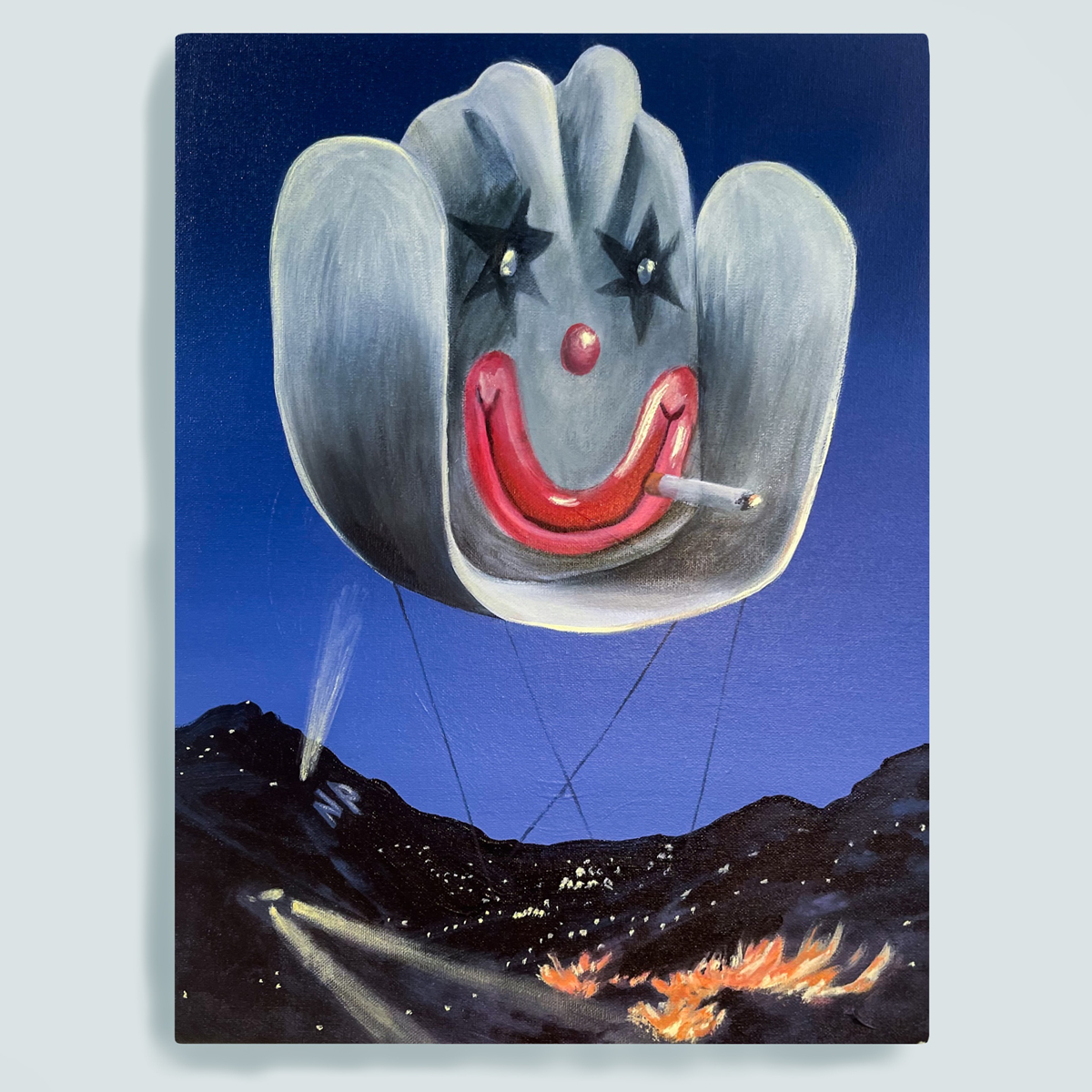 Grace Kennison painting of a cowboy hat with a smiley face and cigarette, floating over a nocturne.