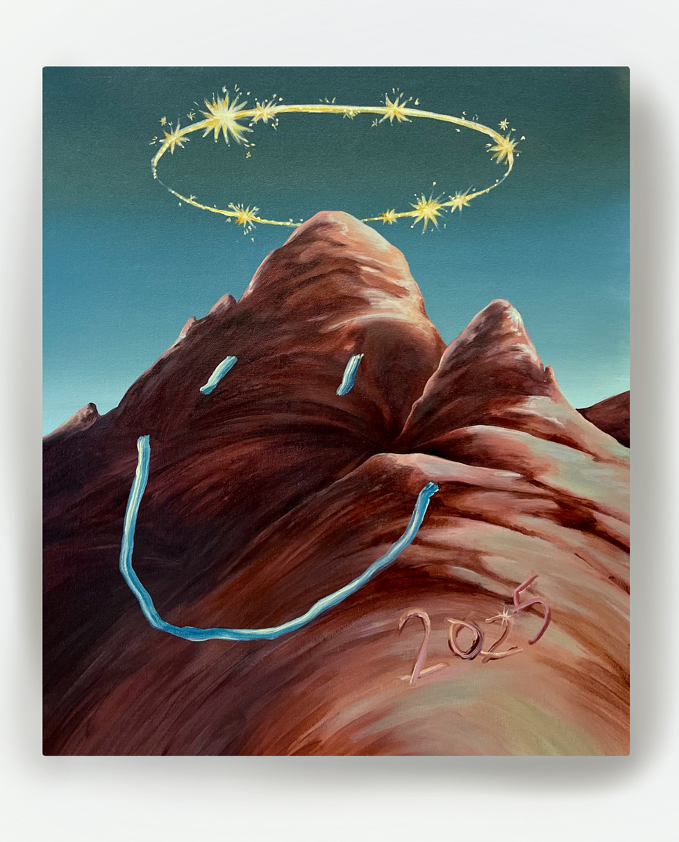 Grace Kennison painting of a mountain with a smiley face and barbed yellow halo.