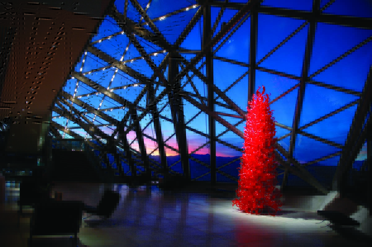 Spencer Theater's Crystal Lobby with Dale Chihuly's <i>Glowing Sunset Tower</i>.