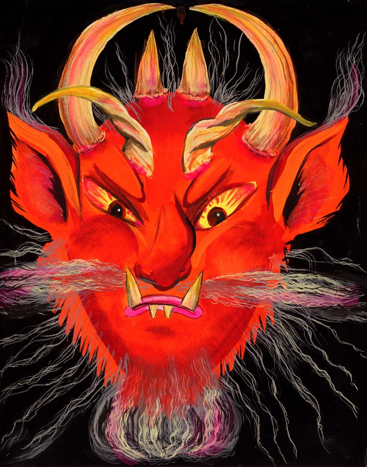 Painting of a red devil mask.