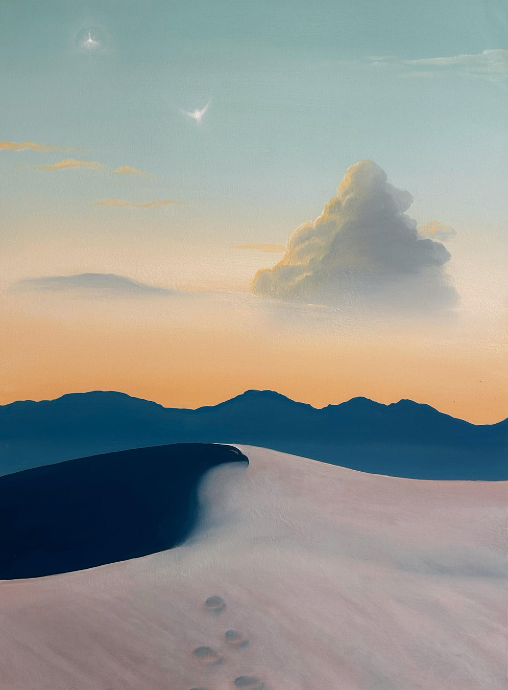Landscape painting by Diego Medina showing footprints in a dunescape. The Taos-based artist will participate in the SITE Santa Fe International, Once Within a Time.