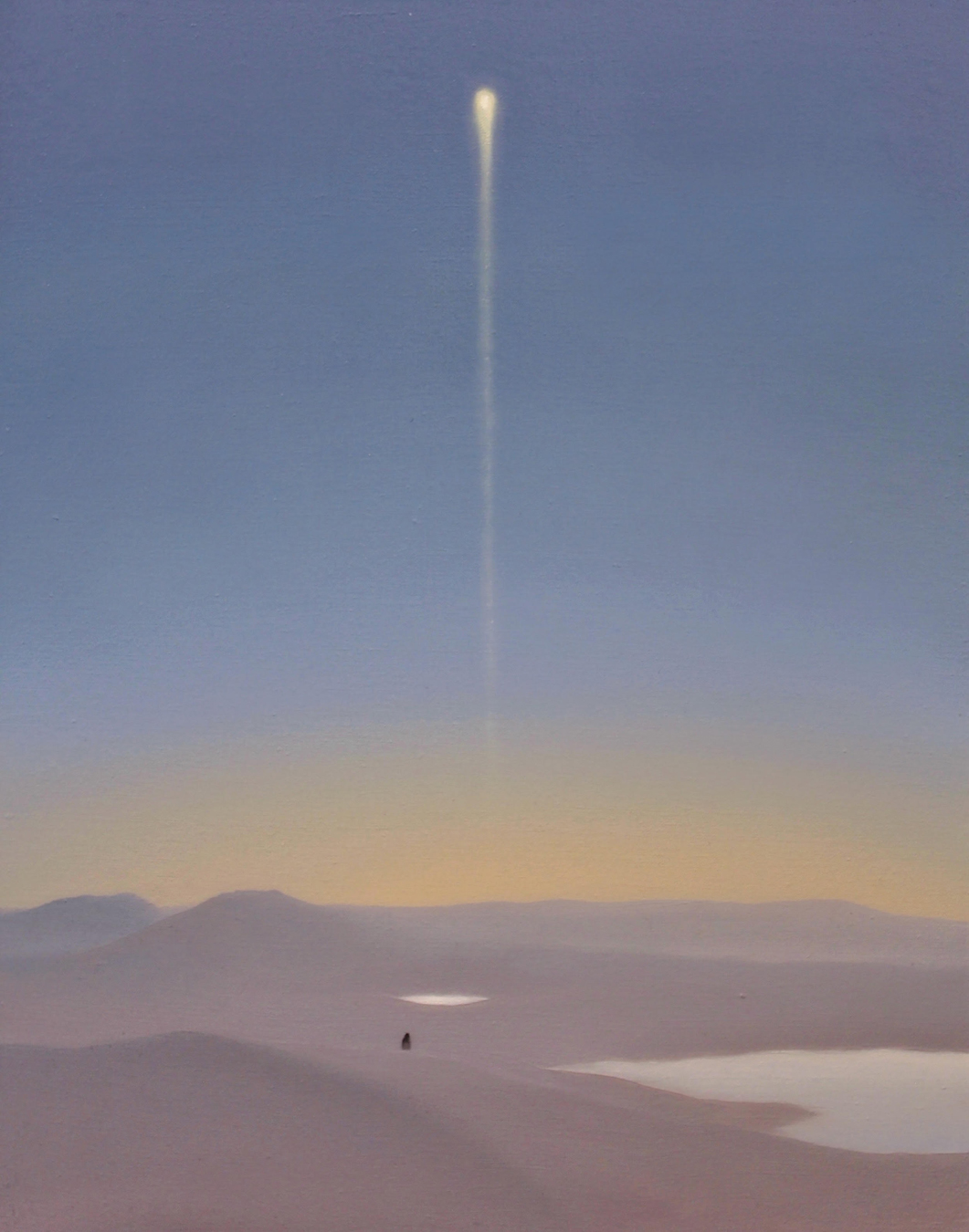 Landscape painting by Diego Medina showing a figure in a dunescape with a star rising above them. The Taos-based artist will participate in the SITE Santa Fe International, Once Within a Time.