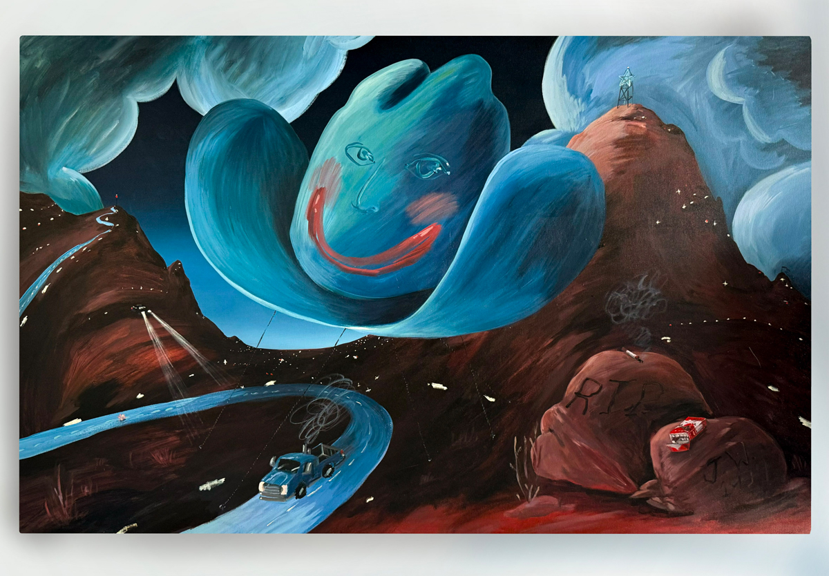 Grace Kennison painting of a cowboy hat with a face, floating over a desert highway at night.