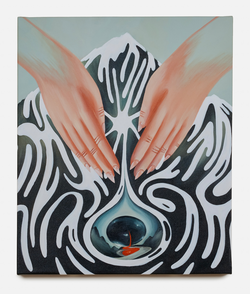 Painting by Grace Kennison showing hands atop a swirling, abstracted mountain.