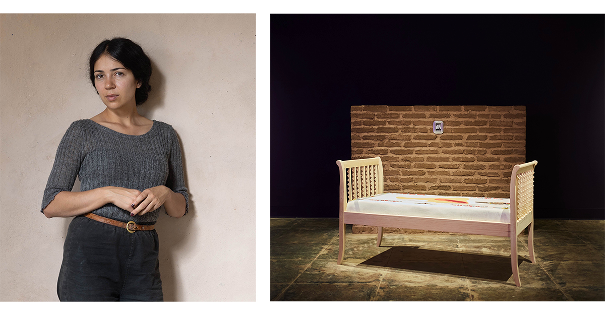 Portrait of Joanna Keane Lopez (left) and her installation featuring a brick wall and a bed with colcha embroidery. The New Mexico and California-based artist will participate in the SITE Santa Fe International, Once Within a Time.