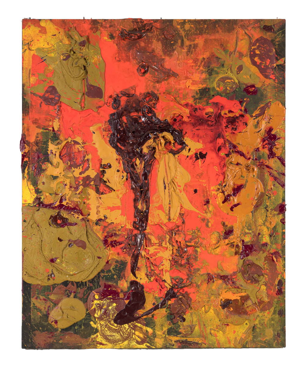 Impasto abstract painting in a palette of orange, green, and yellow.